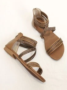 Women Snakeskin Embossed Multi Strap Gladiator Sandals, Vacation Summer Outdoor Back Zipper Ankle Strap Sandals - Brown - View 1