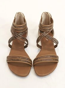Women Snakeskin Embossed Multi Strap Gladiator Sandals, Vacation Summer Outdoor Back Zipper Ankle Strap Sandals - Brown - View 2