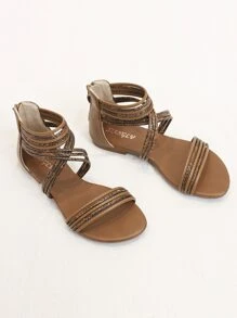 Women Snakeskin Embossed Multi Strap Gladiator Sandals, Vacation Summer Outdoor Back Zipper Ankle Strap Sandals - Brown - View 3