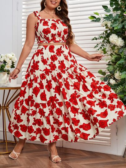 SHEIN VCAY Plus Allover Floral Print Cami Top & Ruffle Hem Skirt