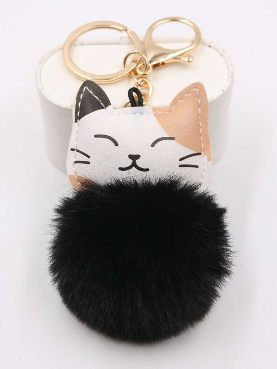 Cartoon Cat & Pompom Charm Keychain - Multicolor - View 1