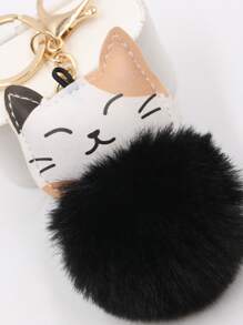 Cartoon Cat & Pompom Charm Keychain - Multicolor - View 3