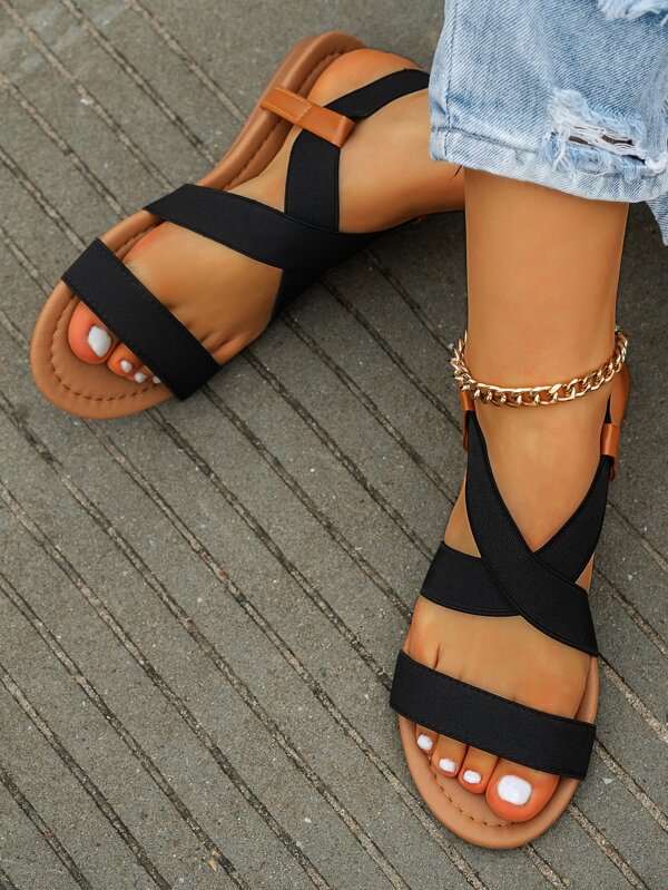 Fashion Women Ankle Strap Sandals, Black Color Block Elastic Strap Fashion Flat Sandals