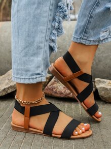 Fashion Women Ankle Strap Sandals, Black Color Block Elastic Strap Fashion Flat Sandals,Spring Summer Outfits - Black - View 4