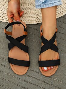 Fashion Women Ankle Strap Sandals, Black Color Block Elastic Strap Fashion Flat Sandals,Spring Summer Outfits - Black - View 5
