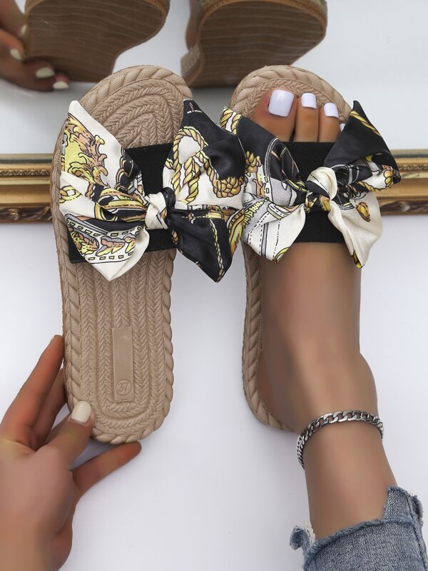 Damen Schwarze Schleifen-Dekor Slides, Kunstvelours Flache Sandalen für Urlaub Valentinstag