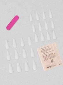 24入組長棺材白色純色裂紋圖案假指甲和1入組指甲銼和1張膠帶適合女士和女孩，讓您魅力四射 - 白色 - 查看 3