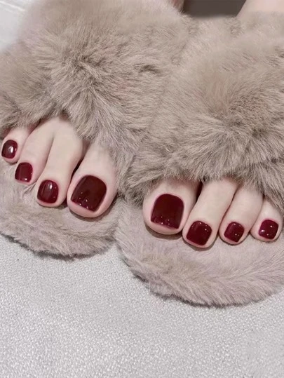 Instantly Upgrade Your Look With, 24pcs Wine Red Fake Toenail Kit, For Summer Omen & Girls Press On Nails Supplies