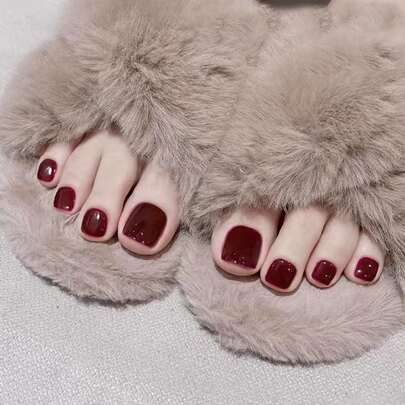 Atualize instantaneamente seu visual com Conjunto de 24 Unhas Postiças em Vermelho Vinho, para Mulheres e Meninas no Verão, Suprimentos de Unhas Artificiais