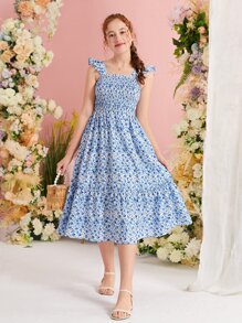 SHEIN Chicas adolescentes Vestido con estampado floral ribete con fruncido bajo con fruncido - Azul y blanco - Ver 2