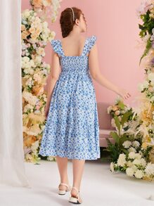 SHEIN Chicas adolescentes Vestido con estampado floral ribete con fruncido bajo con fruncido - Azul y blanco - Ver 3