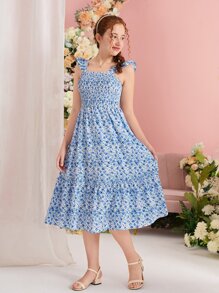 SHEIN Chicas adolescentes Vestido con estampado floral ribete con fruncido bajo con fruncido - Azul y blanco - Ver 4