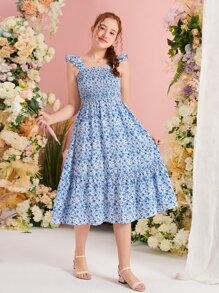 SHEIN Chicas adolescentes Vestido con estampado floral ribete con fruncido bajo con fruncido - Azul y blanco - Ver 1