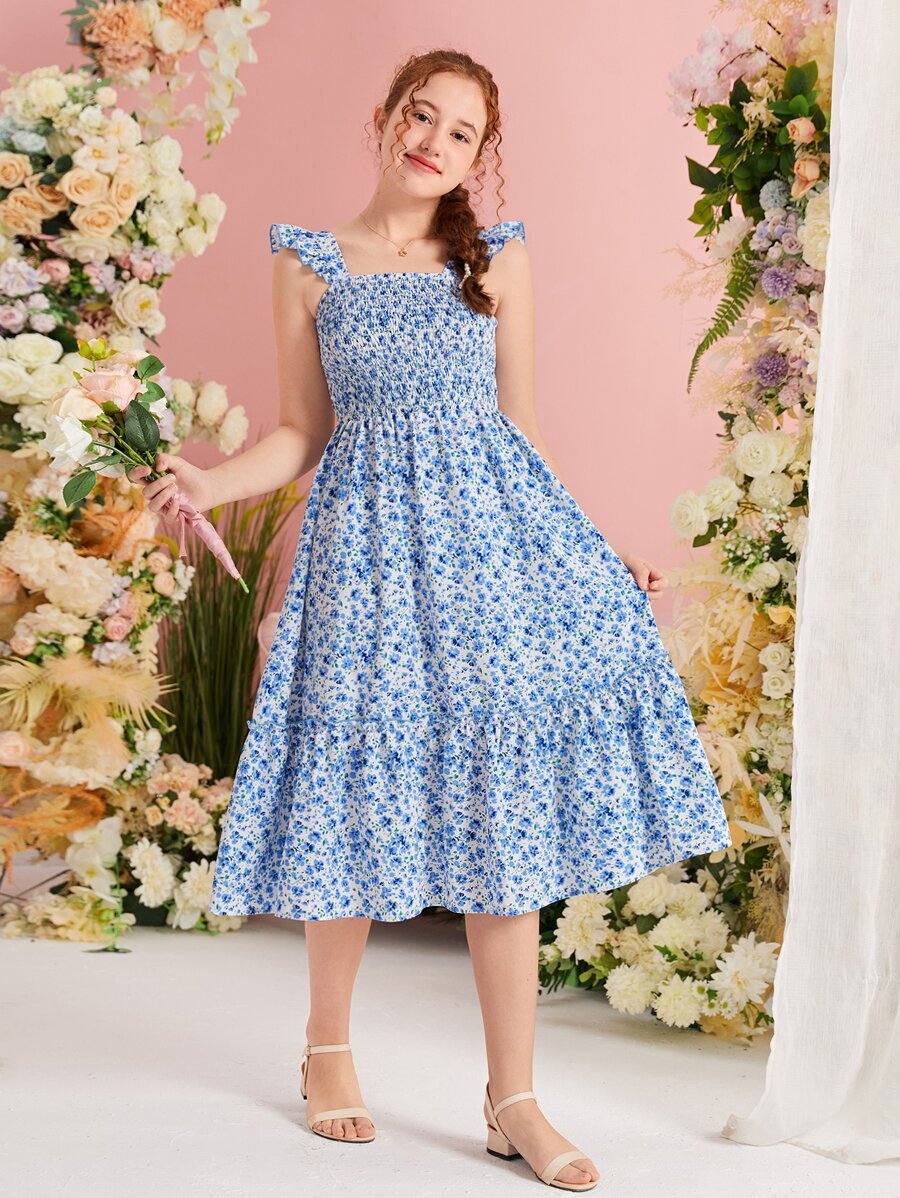 SHEIN Chicas adolescentes Vestido con estampado floral ribete con fruncido bajo con fruncido - Azul y blanco - Ver 1