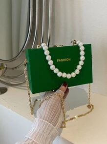 1pc Green Faux Pearl Handle Mini Square Bag With Chain Strap, Magenta PU Solid Color Box Style Bag, Fashionable Foil Letter Closure Small Case Suitable For Gift - Green - View 3
