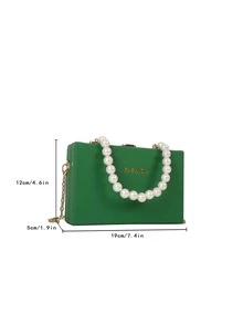 1pc Green Faux Pearl Handle Mini Square Bag With Chain Strap, Magenta PU Solid Color Box Style Bag, Fashionable Foil Letter Closure Small Case Suitable For Gift - Green - View 7
