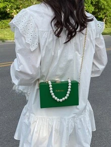 1pc Green Faux Pearl Handle Mini Square Bag With Chain Strap, Magenta PU Solid Color Box Style Bag, Fashionable Foil Letter Closure Small Case Suitable For Gift - Green - View 5