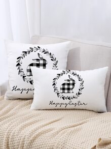 1pc Easter Rabbit & Letter Print Cushion Cover Without Filler, Fabric Decorative Pillowcase For Bed, Sofa