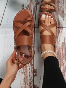 Women Criss Cross Design Toe Ring Slingback Sandals, Elegant Solid Outdoor Ankle Strap Thong Sandals - Brown - View 1