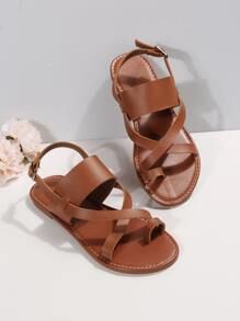 Women Criss Cross Design Toe Ring Slingback Sandals, Elegant Solid Outdoor Ankle Strap Thong Sandals - Brown - View 5