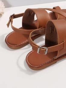 Women Criss Cross Design Toe Ring Slingback Sandals, Elegant Solid Outdoor Ankle Strap Thong Sandals - Brown - View 6