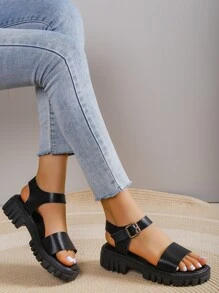 Neutral Women Buckle Wedge Sandals, Cool Black Solid Ankle Strap Platform Sandals For Summer,Travel Essential - Black - View 3