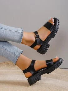 Neutral Women Buckle Wedge Sandals, Cool Black Solid Ankle Strap Platform Sandals For Summer,Travel Essential - Black - View 5