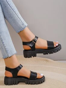 Neutral Women Buckle Wedge Sandals, Cool Black Solid Ankle Strap Platform Sandals For Summer,Travel Essential - Black - View 6