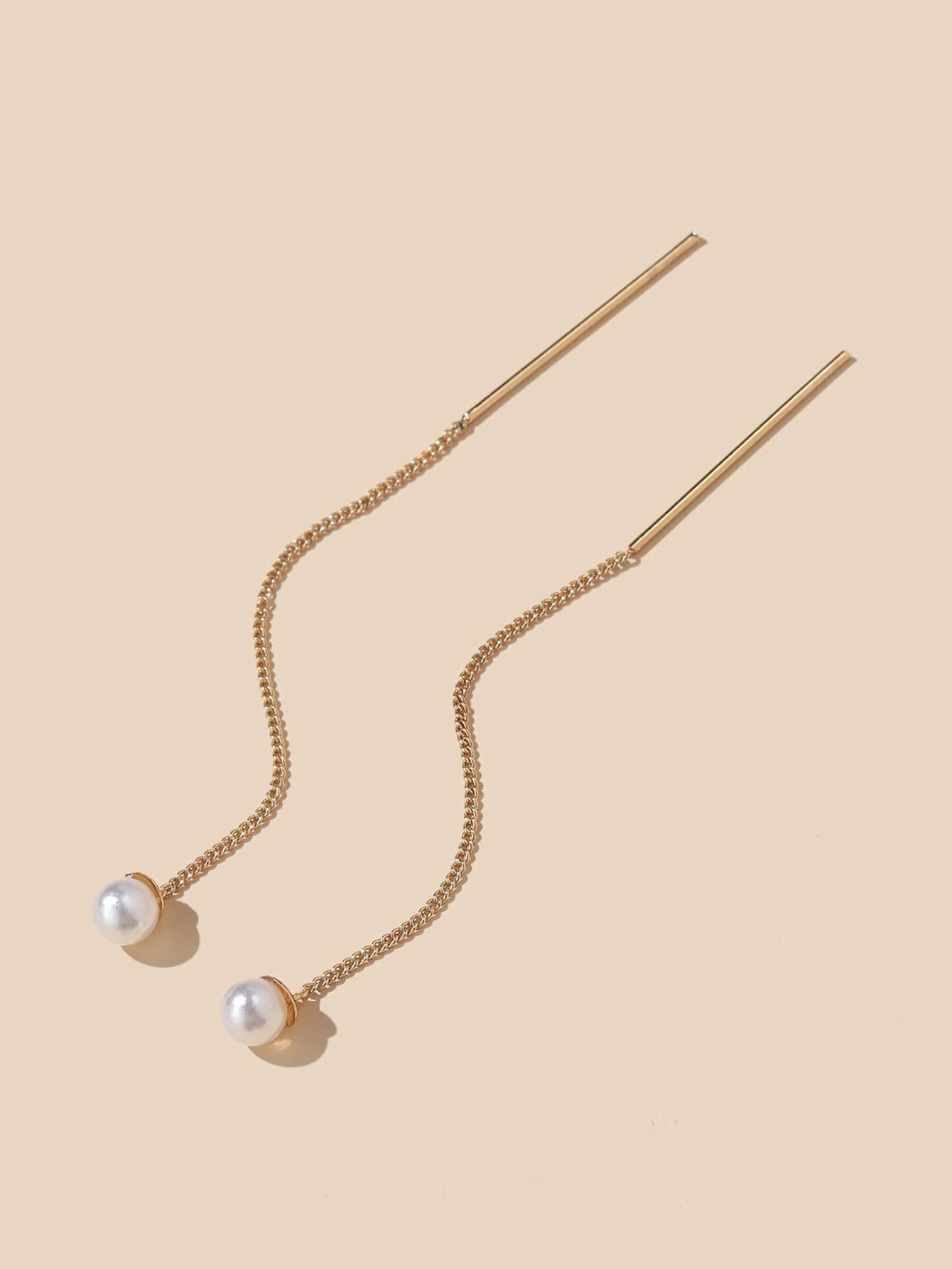 Faux Pearl Decor Threader Earrings - Yellow Gold - View 1