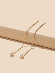 Faux Pearl Decor Threader Earrings - Yellow Gold - View 2