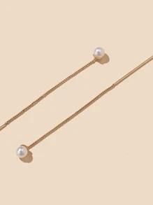 Faux Pearl Decor Threader Earrings - Yellow Gold - View 4