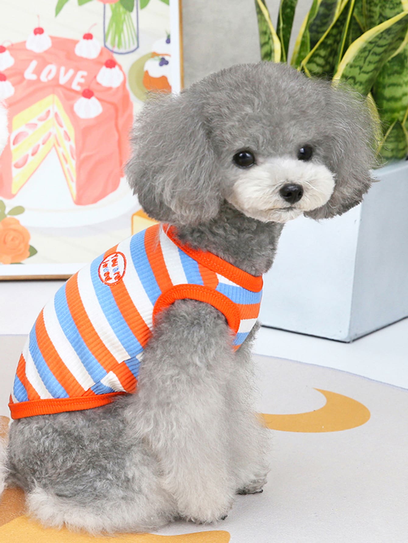 Striped Print Slogan Embroidered Pet Tank - Orange - View 1