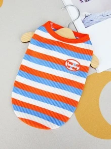 Striped Print Slogan Embroidered Pet Tank - Orange - View 2