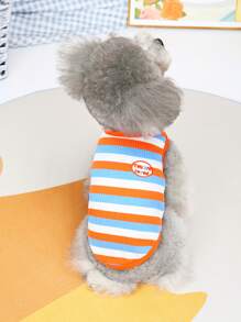 Striped Print Slogan Embroidered Pet Tank - Orange - View 3