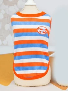 Striped Print Slogan Embroidered Pet Tank - Orange - View 4