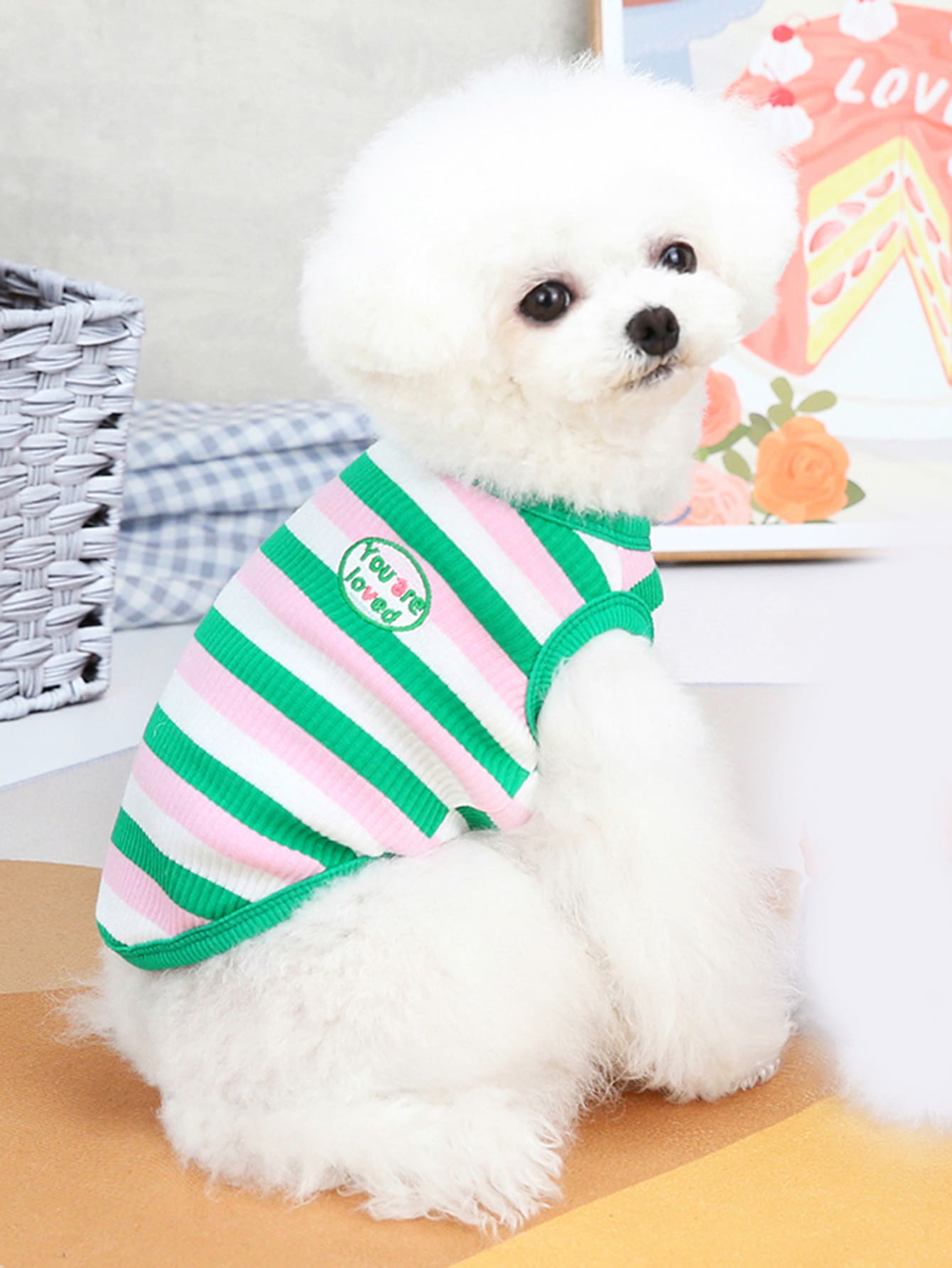 條紋印花標語繡花寵物背心 - 綠色 - 查看 1