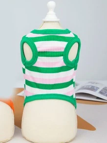 條紋印花標語繡花寵物背心 - 綠色 - 查看 5
