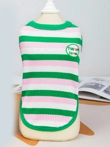 條紋印花標語繡花寵物背心 - 綠色 - 查看 6
