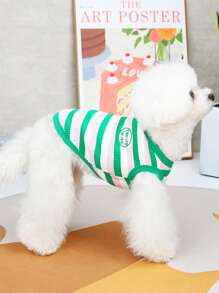 條紋印花標語繡花寵物背心 - 綠色 - 查看 8