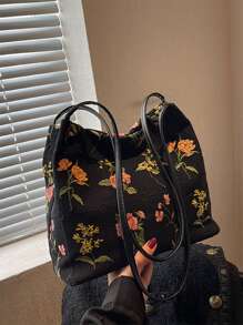 花卉圖案流浪包 - 黑色 - 查看 6