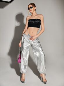 SHEIN ICON Bikercore Rhinestone Letter Pattern Crop Tube Top - Black - View 7