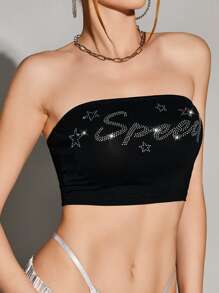 SHEIN ICON Bikercore Rhinestone Letter Pattern Crop Tube Top - Black - View 2