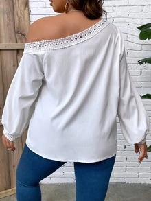 SHEIN Clasi Plus Guipure Lace Trim Asymmetrical Neck Blouse - White - View 3