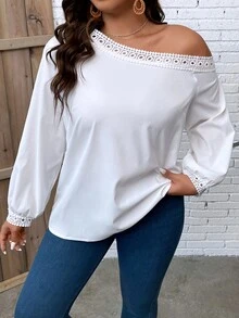 SHEIN Clasi Plus Guipure Lace Trim Asymmetrical Neck Blouse - White - View 4