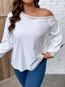 SHEIN Clasi Plus Guipure Lace Trim Asymmetrical Neck Blouse - White - View 5