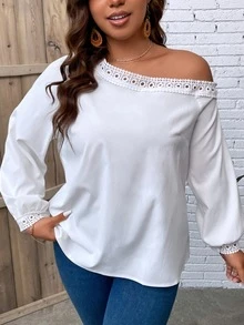 SHEIN Clasi Plus Guipure Lace Trim Asymmetrical Neck Blouse - White - View 7