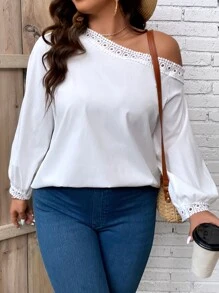 SHEIN Clasi Plus Guipure Lace Trim Asymmetrical Neck Blouse - White - View 1