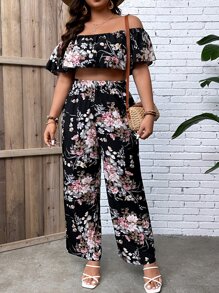 SHEIN Holidaya Plus Floral Print Off Shoulder Crop Top & Wide Leg Trousers - Multicolor - View 1
