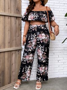 SHEIN Holidaya Plus Floral Print Off Shoulder Crop Top & Wide Leg Trousers - Multicolor - View 3