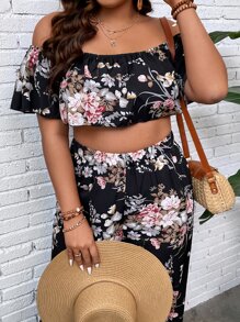 SHEIN Holidaya Plus Floral Print Off Shoulder Crop Top & Wide Leg Trousers - Multicolor - View 4